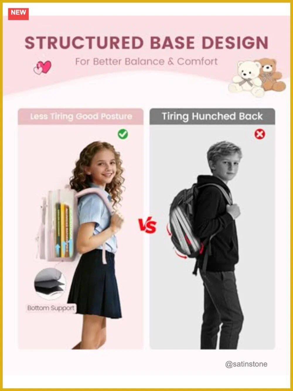 Girls School Backpack with Plush Bear, Laptop Compatible, 3 Compartments, 17